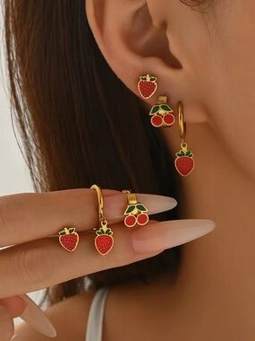 Gold-Plated Red Strawberry & Cherry Drop Earrings Set
